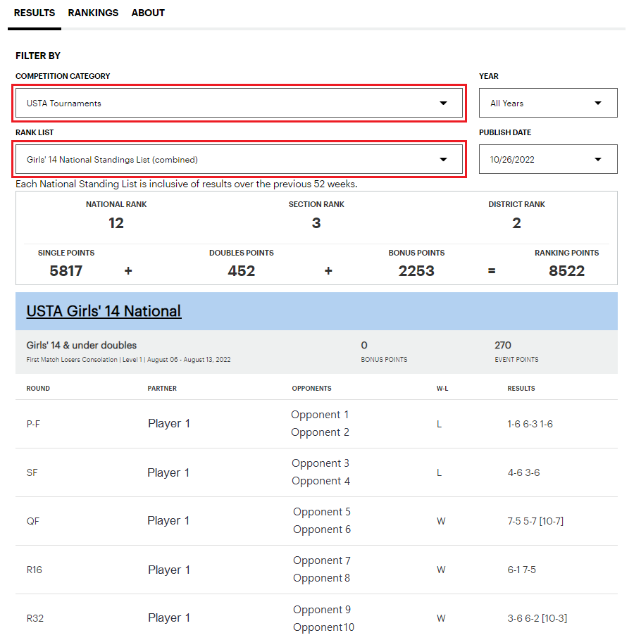 The Player Profile Results and Rankings Tab USTA Online Help Center